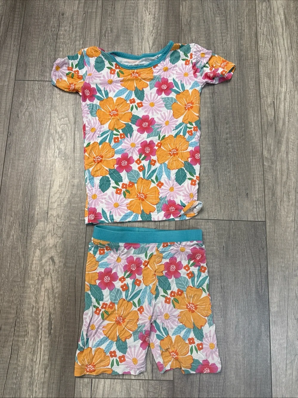 Little Sleepies Floral Short Sleeve Pajama Set - Pink, Orange & Teal